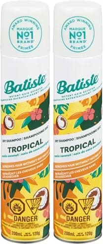 Image of Batiste Dry Shampoo in Tropical 200ml, Coconut & Floral Fragrance, No Rinse Spray to Refresh Hair in Between Washes (Pack of 2)