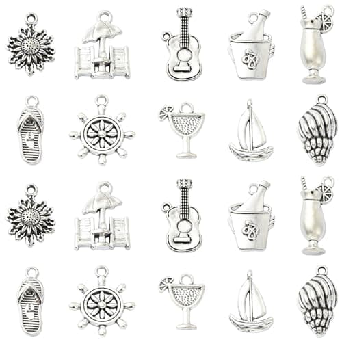 Image of Stiesy 50Pcs 10 Styles Beach Vacation Travel Theme Tibetan Charms Antique Silver Sea Shell Charm Sailing Boat Sun Umbrella Pendants Charms for Jewellry Making Bracelet Crafts DIY