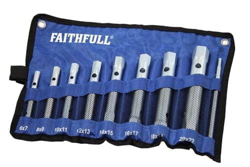 Image of Faithfull Double Ended Box Spanner Set – 8 Piece, 16 Sizes (6 – 22mm) Spanner Kit with Tommy Bar & Storage Roll for Mechanics, Plumbers & Automotive Repairs