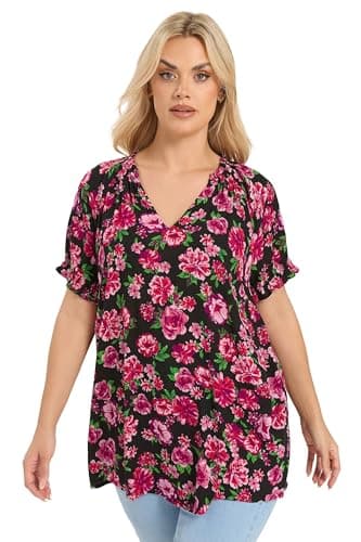 Image of Yours Curve Black & Pink Floral Notch Neck Blouse - Women's - Plus Size Curve