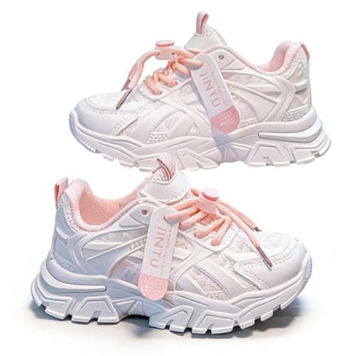 Image of Girls Trainers Kids Sports Running Shoes Toddler Sneakers Breathable Soft Walking Tennis Easy Fasten Mesh Upper Non-Slip Thick Chunky Sole Pink 1 UK