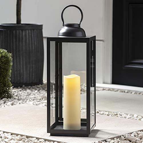 Image of Lights4fun Large Black Metal Battery Operated Fully Waterproof Outdoor Garden LED Candle Lantern for Indoor Outdoor Use 46cm