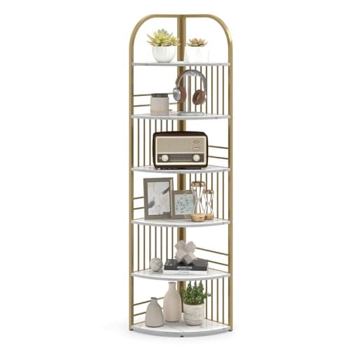 Image of COSTWAY 4/5/6-Tier Corner Shelf, Freestanding Bookshelf Ladder Shelving Unit, Wooden Storage Bookcase Display Rack Plant Stand for Living Room, Bedroom, Hallway and Office (6-Tier, White+Gold)