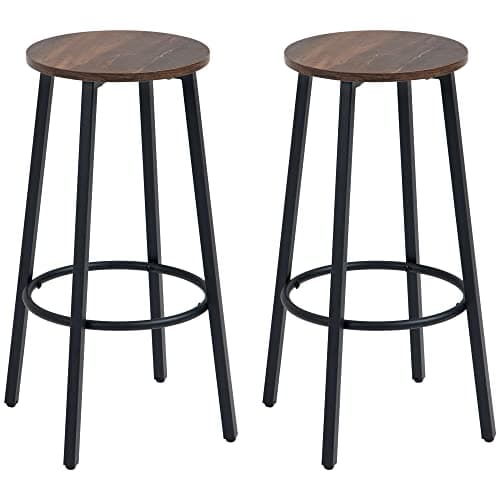 Image of HOMCOM Bar Stools, Set of 2 Kitchen Breakfast Stools with Sturdy Steel Frame, Industrial Tall Bar Chairs, 65cm High Seat, Rustic Brown