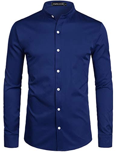 Image of PARKLEES Men's Slim Fit Long Sleeve Button Up Casual Band Collar Shirts CL08 Navy M