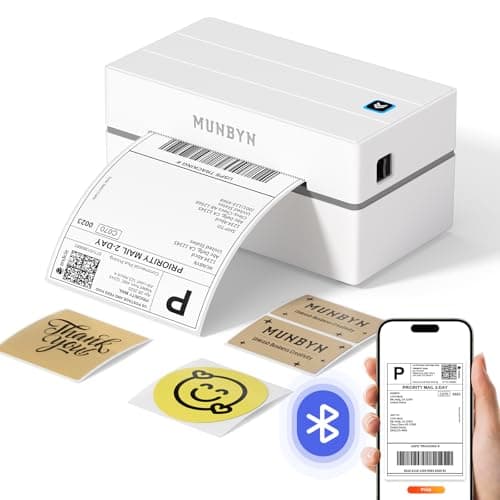 Image of MUNBYN Shipping Label Printer Bluetooth, Postage Thermal Label Printer 4x6 for Business, Compatible with Etsy, Shopify, eBay, Amazon, Royal Mail, DHL, DPD, Evri, with 25 Labels, 130B, White