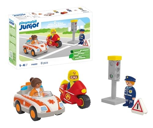 Image of PLAYMOBIL 71692 JUNIOR: Everyday Heroes, including woman doctor, firefighter, and police officer, sustainable toy made from plant-based plastics, gifting toy, play sets suitable for children ages 1+