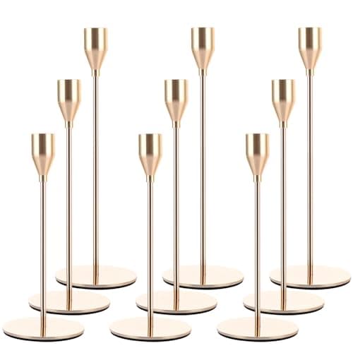 Image of AHAQU Set of 9 Gold Candle Holders, Metal Candlestick Holders for Taper Candle, Tall Candle Stand Fits 3/4 inch Thick Candle for Wedding, Candlelight Dinner, Fireplaces, Banquet Decoration