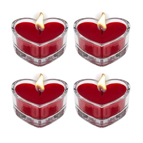 Image of AKH® Heart Shaped Candles in Glass Jar Holder | Pack of 4 | Romantic Valentine's Day Candles, Ideal for Weddings, Home Décor, and Special Occasions | Love Heart Tea Lights | 4.5CM