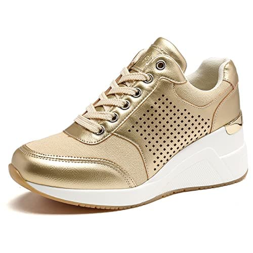 Image of Cestfini Wedge Trainers Platform Shoes for Women - Ladies Heeled Casual Comfortable Lace-up Walking Trainers Gold Heeled W145-RT-EU-GOLD-5