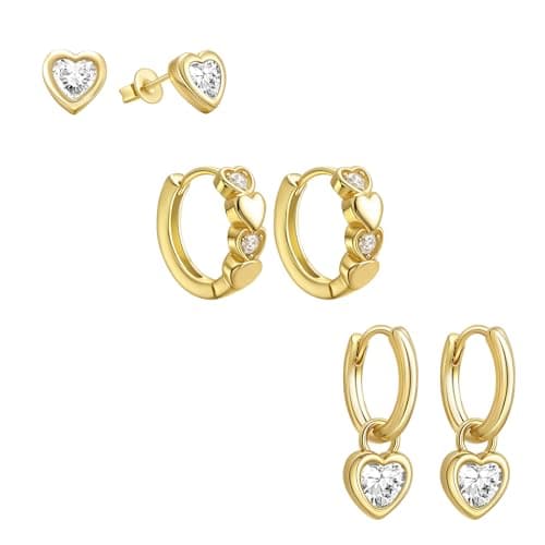 Image of jagosen Gold Studs Hoops Earrings For Women 3 Pairs Hypoallergenic Cartilage 9ct Gold Plated Huggies Small Hoop Heart Earrings Stack Sets For Multiple Piercings