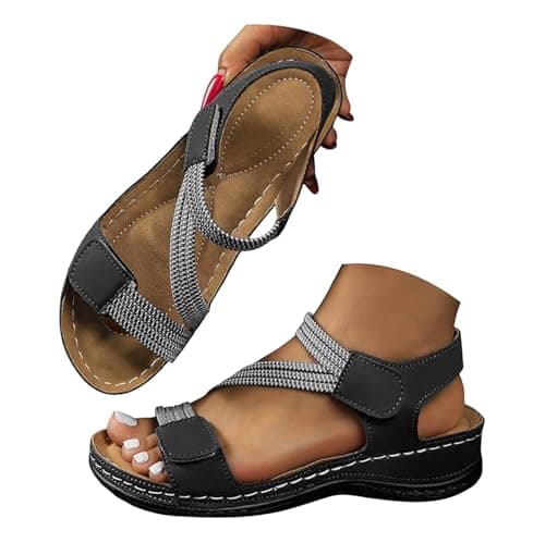 Image of ziubauyke Orthopedic Sandals For Women Summer Arch Support Slip On Sandal Wide Fit Walking Platform Open Toe Sliders Adjustable Strap Wedge Sport Shoes Beach Outdoor Ladies Sandals Size 5 Uk