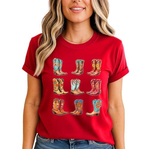 Image of Western Cowboy Boots Womens Graphic T-Shirt Floral Country Style Ladies Tee XL (18-20) Red