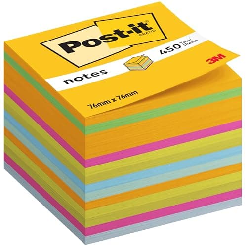 Image of Post-it Notes Cube, Ultra Colours, 1 Pad, 76 mm x 76 mm, 450 Sheets - Extra Sticky Notes for Walls, Monitors and Fridge