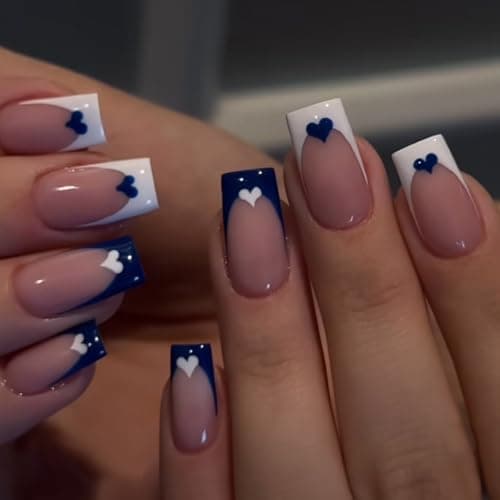 Image of 24Pcs Fake Nails, Press - On False Nails, Short To Medium Square Shape, Blue And White Plastic With Heart - Shaped Design, Blue Heart Pattern-, Reusable Nails