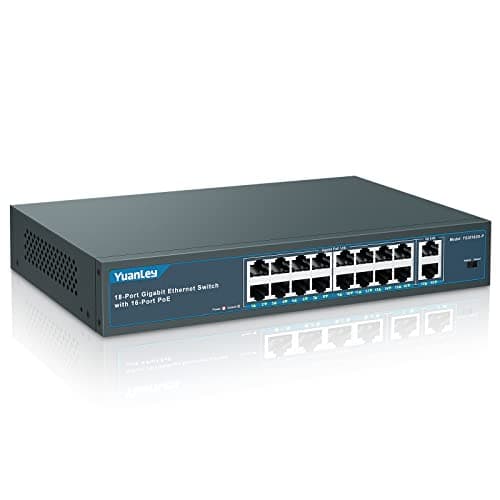 Image of YuanLey 18 Port Gigabit PoE Switch, 16 PoE+ Port 1000Mbps, 2 Gigabit Uplink, 250W 802.3af/at, Metal Desktop/Rackmount, Unmanaged Plug and Play Network Switch