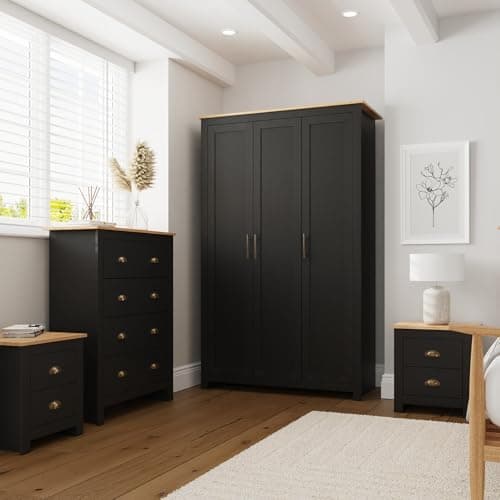Image of GFW Lancaster 4 Piece Bedroom Set Black Bedside Cabinet Chest Of Drawers Wardrobe