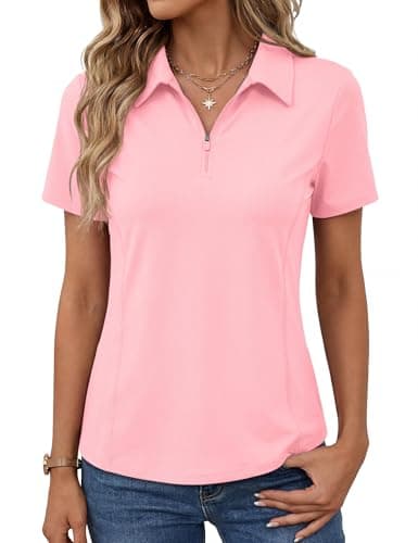 Image of Rapbin Gym Tops for Women UK Short Sleeve Polo Shirts Golf Tennis Clothes 1/4 Zip UV50+ Breathable Running T-Shirt Workout Yoga Tops Moisture Wicking Pink L