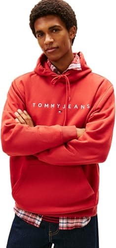 Image of Tommy Jeans Men's TJM REG LINEAR LOGO HOODIE EXT DM0DM20746 Pullover Hoodie, RED (Terracotta Red), XL