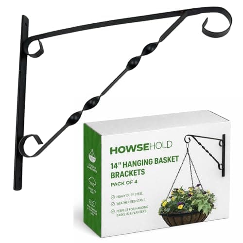 Image of HowseHold Heavy Duty Hanging Basket Brackets (Pack of 4) 14 Inch Steel Wall Hooks for Garden, Fence & Brick Walls – Rust Resistant Outdoor Plant Hangers for Baskets, Bird Feeders & Lanterns