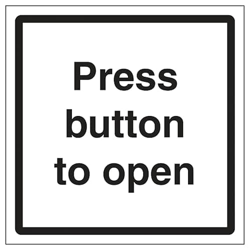 Image of V Safety Press Button To Open 150 x 150 mm - Self Adhesive Vinyl - Aluminium Effect Safety Sign