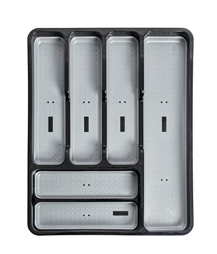 Image of Addis Premium Soft touch 6 Compartment Cutlery Drawer Organiser Tray, Black & Grey 6 Sections