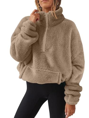 Image of WIEAYUMEI Women Teddy Fleece Jackets Half Zip Teen Girls Sweatshirts Crop Long Sleeve Stand Collar Jumpers Loose Fit Casual Fluffy Pullover Khaki S