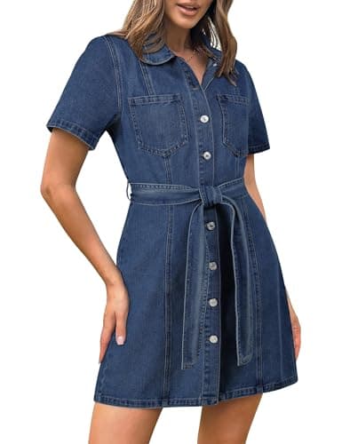 Image of Fengbay Denim Dresses for Women UK, Ladies Short Sleeve Button Down Casual Denim Shirt Dresses with Pocket Blue