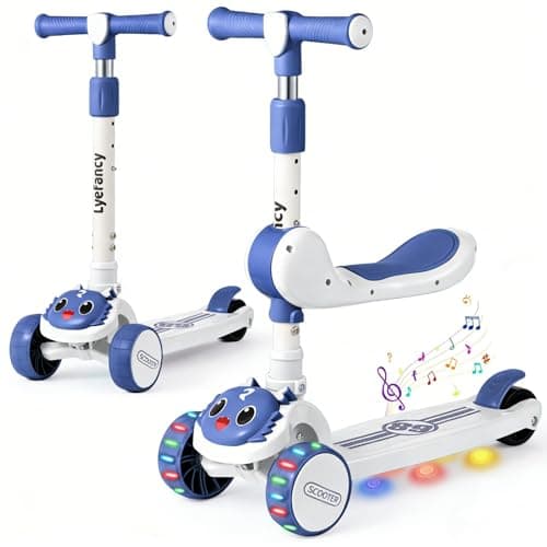 Image of Lyefancy 3 Wheel Scooter for Kids Age 2-8, Kids 2 in 1 Scooter with Detachable Seat, Childrens Folding Scooter with Music and Light up Wheels, Adjustable Height, Lean to Steer(Blue+White)