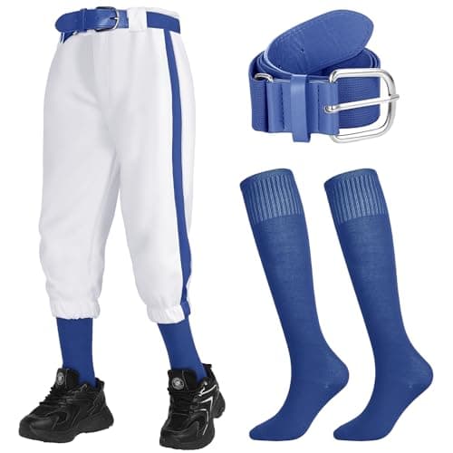 Image of Cozypower 3 Pcs Baseball Combo Set, Knicker Baseball Softball Pants, Baseball Socks, Baseball Belts for Boys and Girls, Blue, White, 8-9 Years