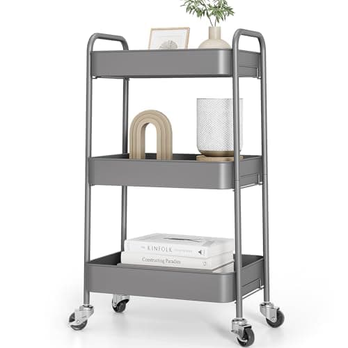 Image of KINGRACK 3 Tier Metal Storage Trolley on Wheels, Beauty Book Craft Tea Art Trolley for Home Bathroom Kitchen Laundry, No screws needed Easy Rolling Utility Cart Mobile Storage Shelving Organizer