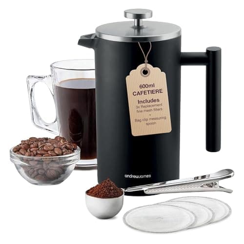 Image of Andrew James Double Walled Stainless Steel Cafetiere Gift Set with 3 Mesh Filters, Coffee Measuring Spoon and Bag Sealing Clip, Delicious French Press Coffee, Easy to Clean (600ml, Black)