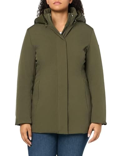 Image of GUESS Women's Midlength Softshell Hood Jacket, Olive Morning Multi, XXL