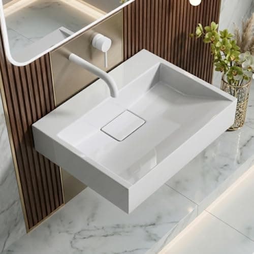 Image of Durovin Bathrooms Luxurious Cast Stone Resin Bathroom Basin - Wall Hung Or Countertop Basin Sink No Tap Hole - Concealed Waste - 500 x 380mm (WXD)