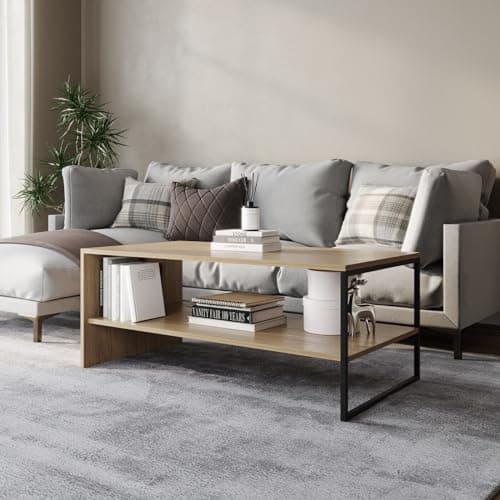 Image of URBNLIVING 100cm Wooden Coffee Table Steel Frame Open Storage Shelf Living Room Furniture