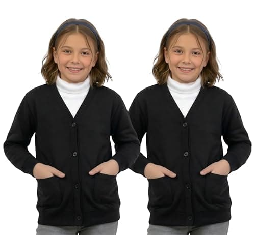 Image of GW CLASSY OUTFIT Girls School Cardigan (Pack of 2) Kids Fleece Schoolwear Button Cardigan Uniform Sweatshirts Age 4 5 6 7 8 9 10 11 12 13 14 Years (7-8 Years, 2X Black)