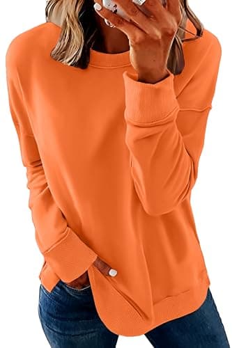 Image of NEYOUQE sweatshirts for women uk crewneck pullover ladies jumpers women's cotton sweatshirt solid shirt long sleeve casual tops womens Orange S