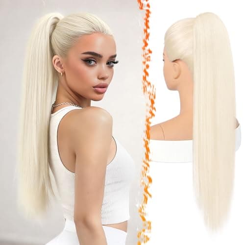 Image of BARSDAR Platinum Blonde Straight Drawstring Ponytail Extension, 28 Inch Long Straight Drawstring Ponytail Extension Natural Looking Soft Synthetic Cheer Posh Pony Tails Hairpieces Daily Party