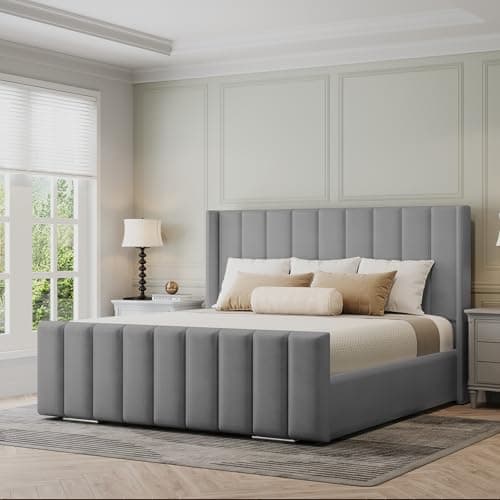 Image of Furnishion Vienna Wingback King Size Bed Frame 5ft, Modern Plush Velvet Upholstered Panelled Design, Luxury King Size Beds for Stylish Bedrooms, Strong 5ft Bed Frame with Wooden Slats in Grey Plush