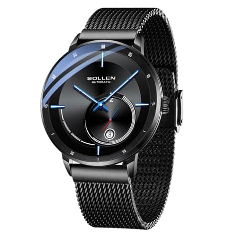 Image of SOLLEN Men's Automatic Watch, Black Mechanical Self-Winding Wrist Watch with Luminous, Date & Seconds Subdial, 30M Waterproof Stainless Steel Minimalist Dress Watch, Skeleton Back, Luxury Gift - 42mm