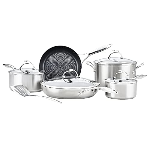 Image of Circulon SteelShield Stainless Steel Pan Set of 5 - Induction Hob Pan Set with Hybrid Non Stick & Stay Cool Handles, Premium Cookware with Metal Slotted Turner Included
