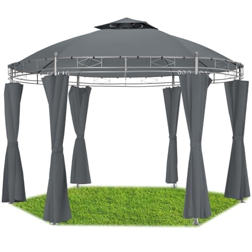 Image of tectake® Luxury Garden Gazebo - 3.5m Pavilion Tent with Stable Metal Tubes, Water-Repellent Material, Incl. Side Curtains, Pegs and Ropes - Ideal for Garden Party, Wedding & Outdoor Events - Grey