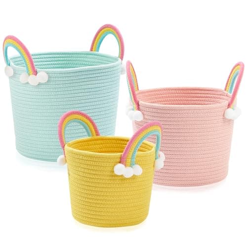 Image of AOFANGSHIYE Storage Baskets,3PCS Toy Storage, Gift Baskets Empty, Rainbow Basket, Woven Basket with Handles (colorful)