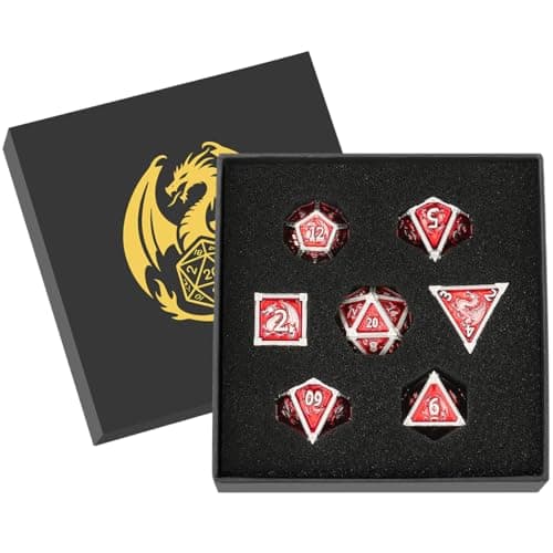 Image of Metal Dice Set, Dragon Pattern, 7pcs Polyhedral Metal DND Dice Set, DND Starter Set, D&D Gifts with Gift Box, Role Playing Board Games Accessories, Red
