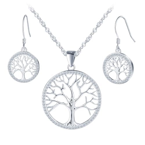 Image of Yumilok Tree of Life Necklace 925 Sterling Silver Tree Pendant Jewellery Gifts for Women Girls Stud Earrings Hoop Set Zirconia