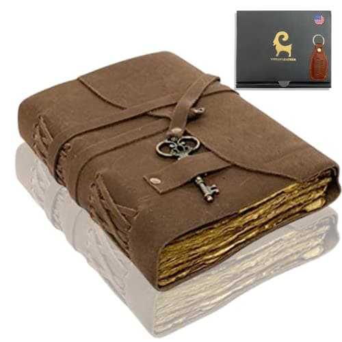 Image of URBAN LEATHER Vintage Leather Bound Journal for Men Women Grimoire Book of Shadows Handmade Writing Diary, Key Closure, Travel Gift Notebook Sketchbook with Unlined Old Deckle Edge Pages, 18 Cms