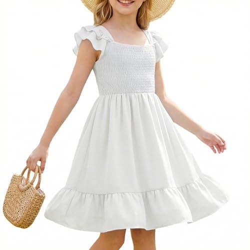 Image of JiAmy Girls Dress Summer Ruffle Short Sleeve A Line Dresses with Pocket Kids Casual Tiered Swing Dress for 11-12 Years White