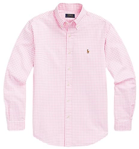 Image of Polo Ralph Lauren Men's Long Sleeve Classic Oxford Shirt, (Spring/Summer 2023) Checkered Pink/White, Medium