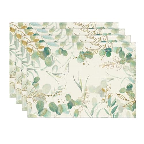 Image of Artoid Mode Green Eucalyptus Leaves Summer Set of 4 Placemats, Seasonal Wedding Spring Kitchen Table Decoration Indoor Holiday Party Decor 30x45cm