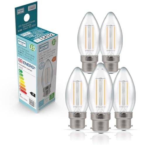 Image of Crompton Lamps Filament Candle LED Light Bulb BC-B22d | 2.5W = 25W Equivalent | Cool White 4000K | Energy Efficient | Bayonet Lightbulb | Long Life 15000-Hrs | Clear Glass | Dimmable | 5-Pack